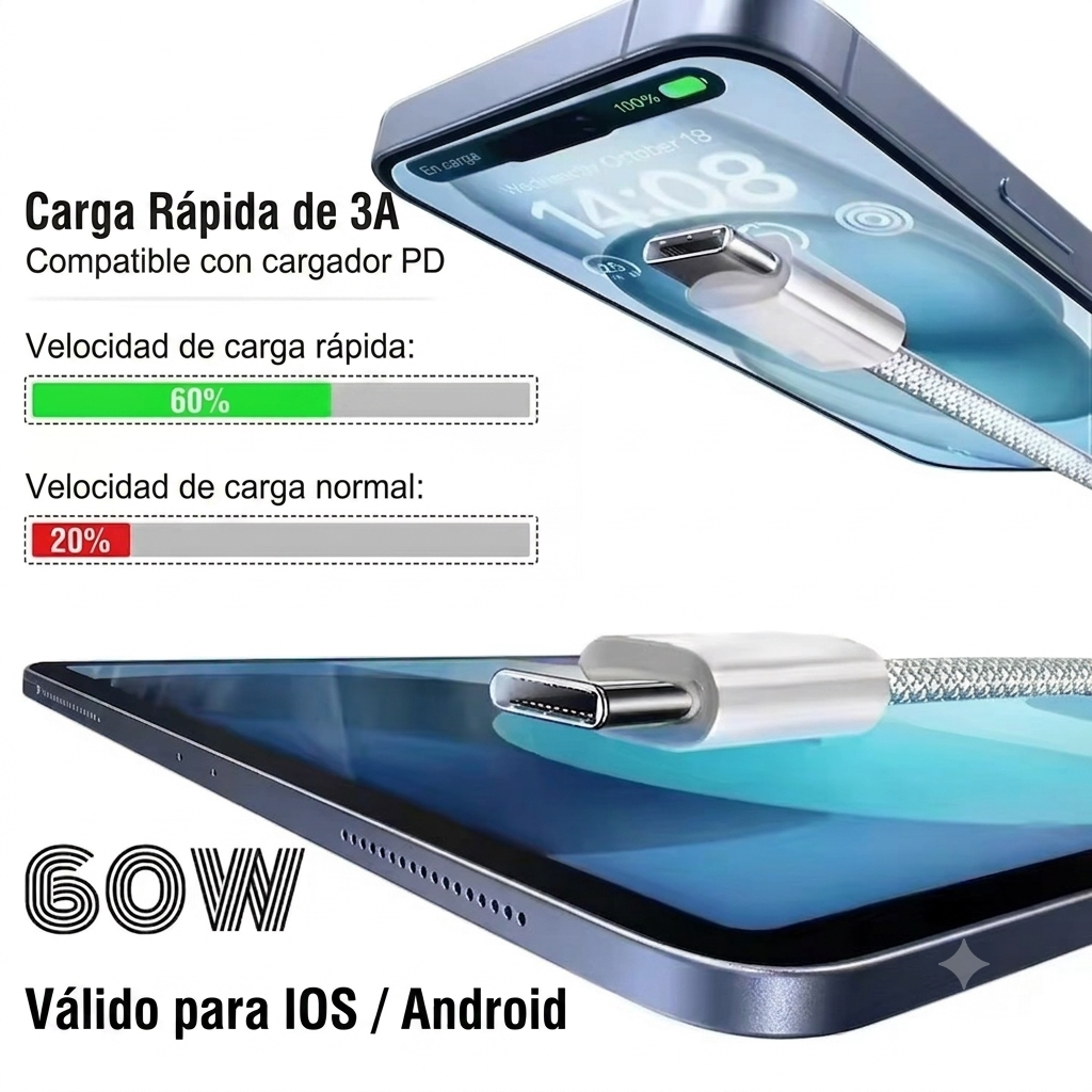 Cable de Carga Rápida USB-C 60W (1m)